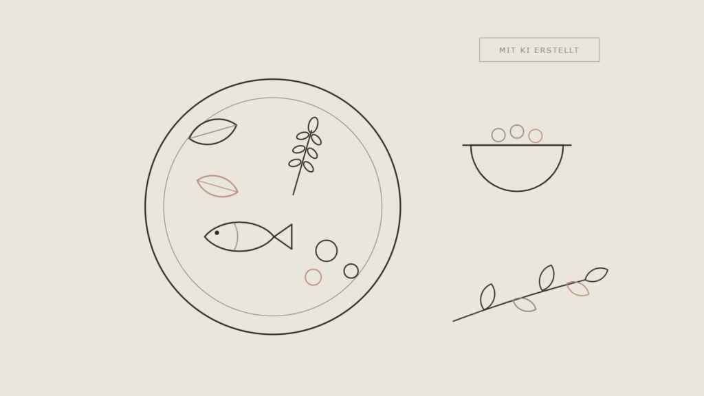 Mit KI erstellte Illustration: ein Teller mit Fisch, Blättern, Getreide und Nüssen, daneben eine Schale und ein Olivenzweig.